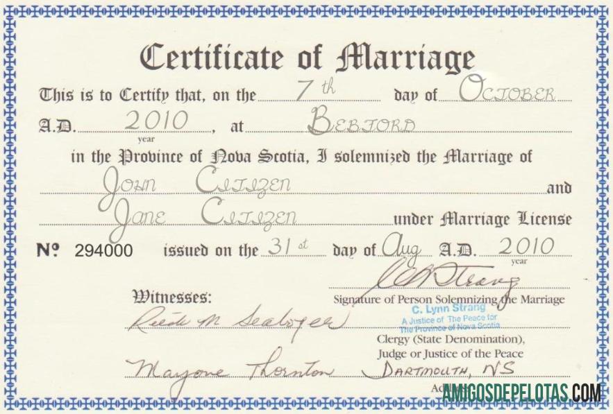 Imprimível modelo de certidão de casamento da província canadense da Nova Escócia em PSD
